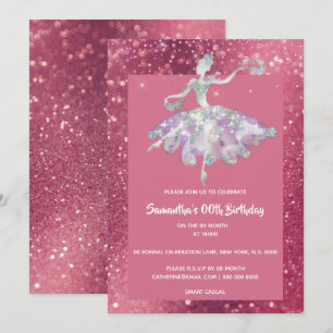 Ballerina pink glitter shiny girls birthday party invitation
