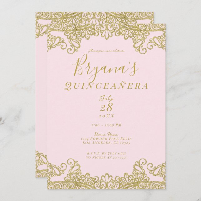 Ballerina Pink Gold Glitter Lace Quinceañera   Invitation (Front/Back)
