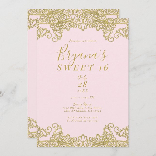 Ballerina Pink & Gold Glitter Lace Sweet 16 Party Invitation (Front/Back)