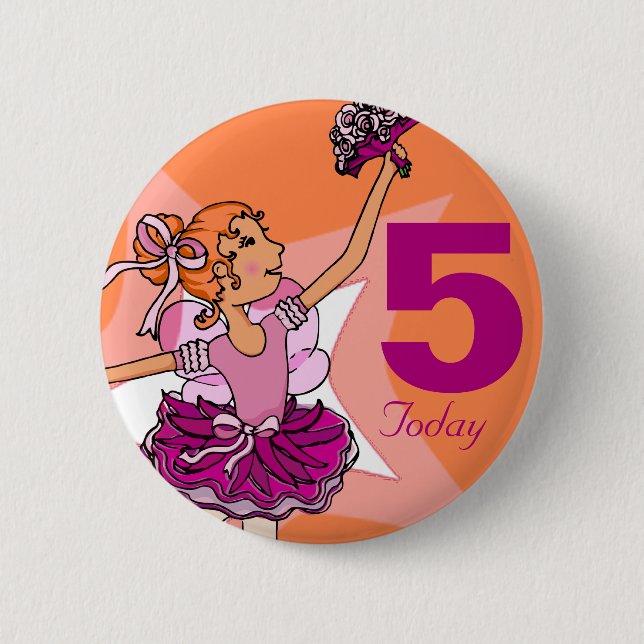 Ballerina pink & orange girl birthday button (Front)