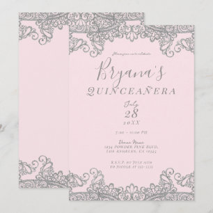 Ballerina Pink Silver Glitter Lace Quinceañera    Invitation