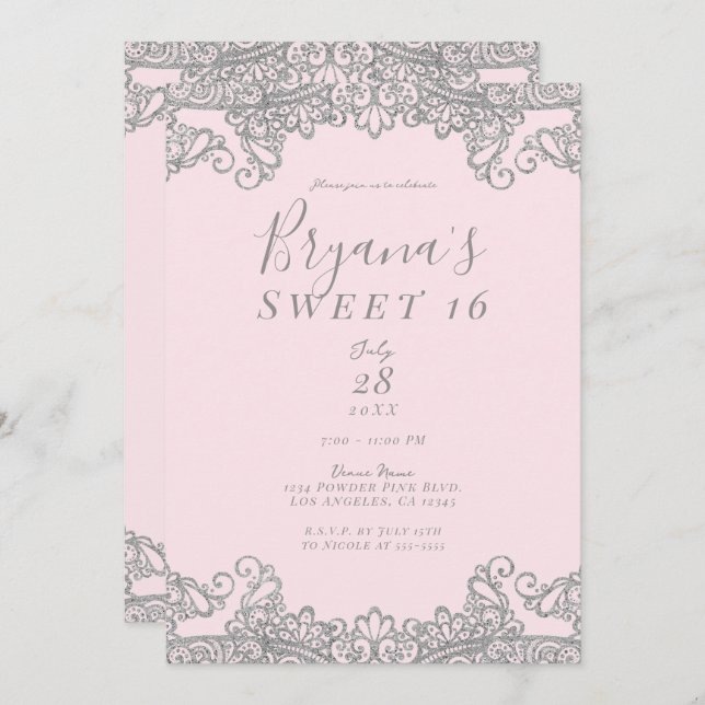 Ballerina Pink Silver Glitter Lace Sweet 16 Party  Invitation (Front/Back)