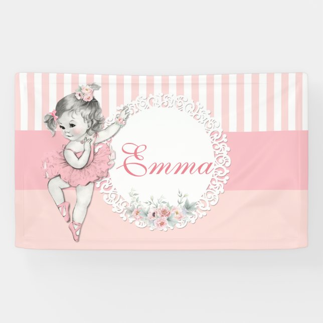 Ballerina Pink Tutu Pink Stripe Flowers Banner (Horizontal)