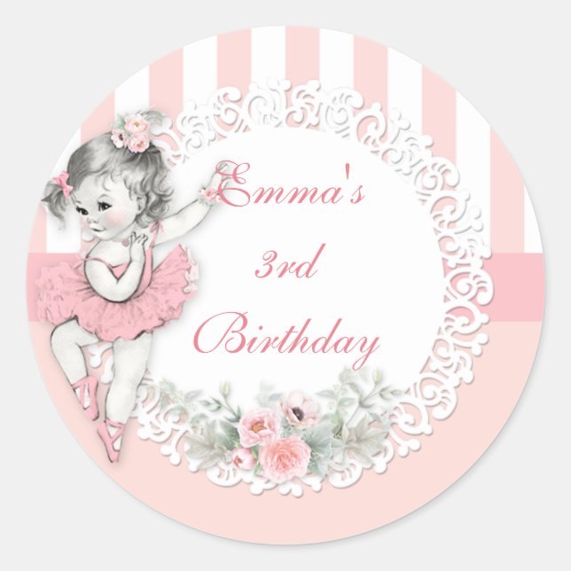 Ballerina Pink Tutu Stripes Flowers Classic Round Sticker (Front)