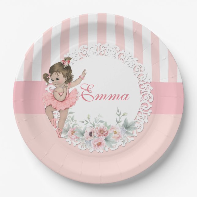 Ballerina Pink Tutu Stripes Flowers Lace Paper Plate (Front)