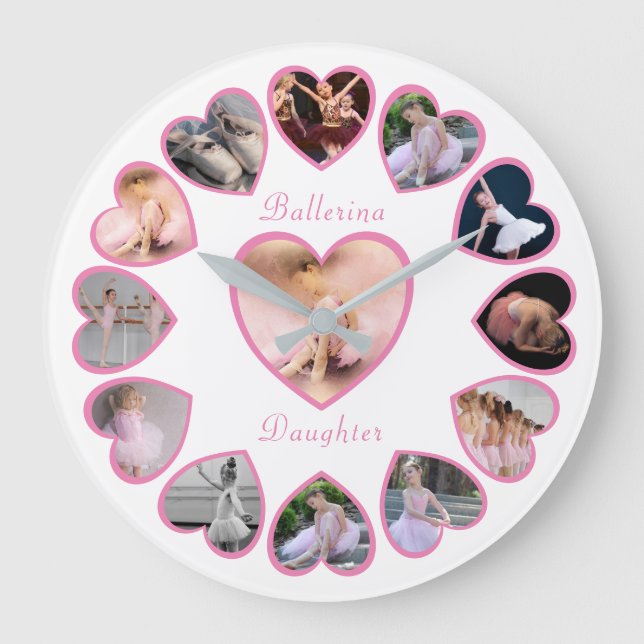 Ballerina Pink White Photo Collage Large Clock (Front)