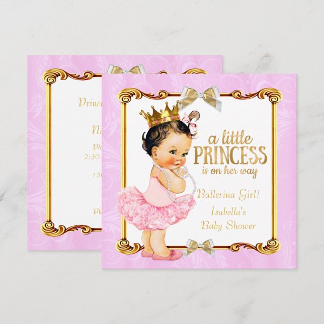Ballerina Princess Baby Shower Pink Gold Brunette Invitation (Front/Back)