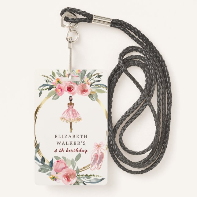 ballerina princess floral blush birthday party ID badge (Front with Lanyard)