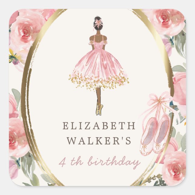 ballerina princess floral blush birthday party  sq square sticker (Front)