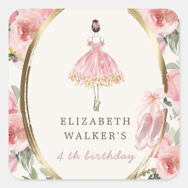 ballerina princess floral blush birthday party  square sticker (Front)