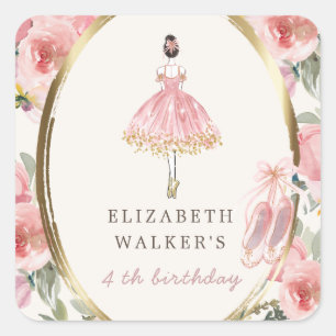 ballerina princess floral blush birthday party  square sticker
