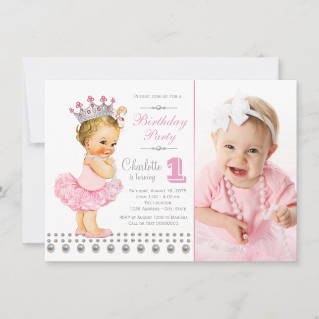 Ballerina Princess Pearl Girl Birthday Party Invitation (Front)