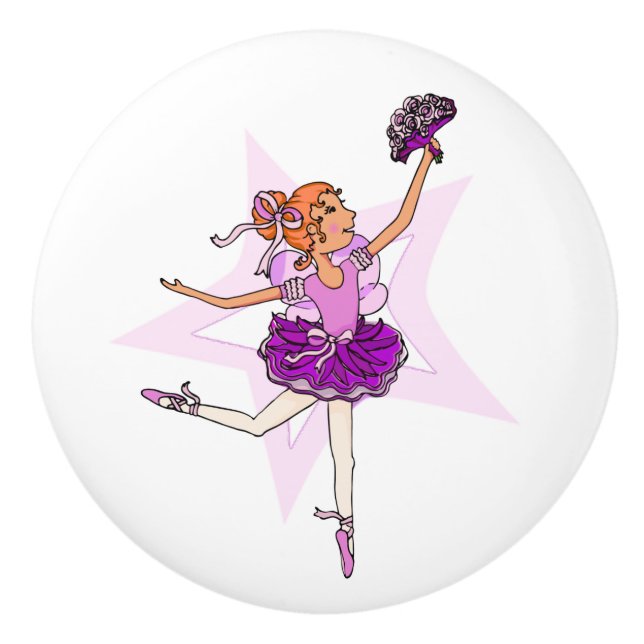 Ballerina red hair girl ballet purple art doorknob ceramic knob (Front)