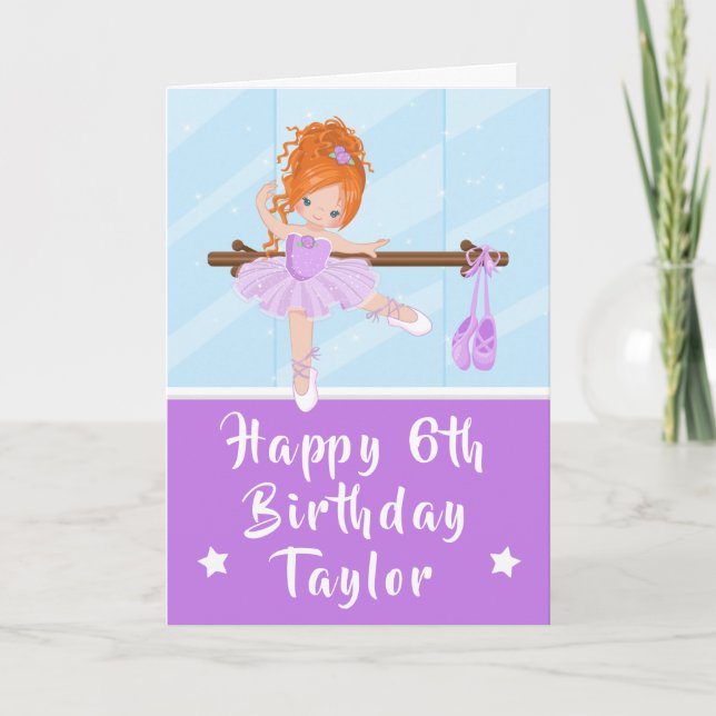 Ballerina Red Hair Girl Purple Happy Birthday Card (Front)