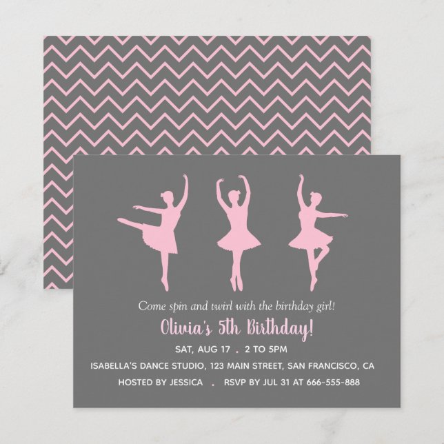 Ballerina Silhouette Girls Birthday Party Invitation (Front/Back)