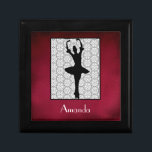 Ballerina Silhouette on a Heart Mandala Pattern Gift Box<br><div class="desc">A silhouette of a ballerina posing on the tips of her toes with her hands raised above her head. Surrounded by a lacy looking, black and white heart and flower shaped mandala pattern. Set on a regal red background. Personalise with a name or initials in a fancy art deco font....</div>