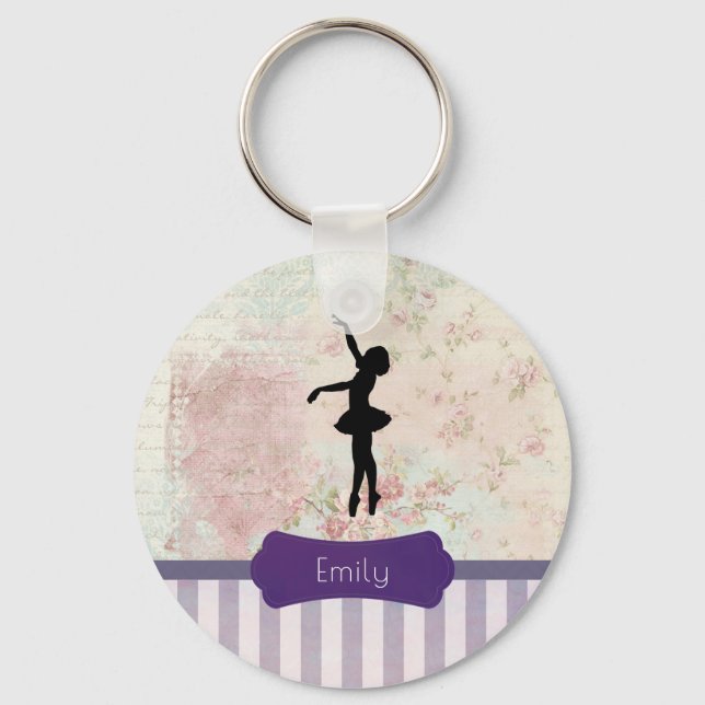 Ballerina Silhouette on Elegant Vintage Pattern Key Ring (Front)