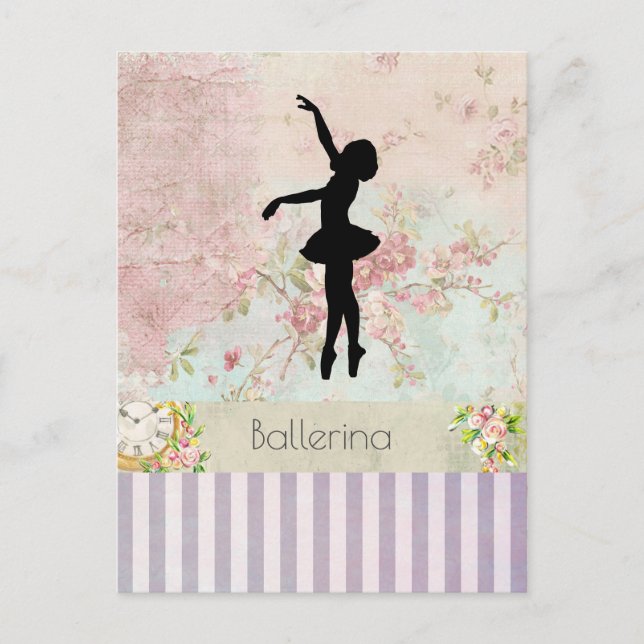 Ballerina Silhouette on Elegant Vintage Pattern Postcard (Front)