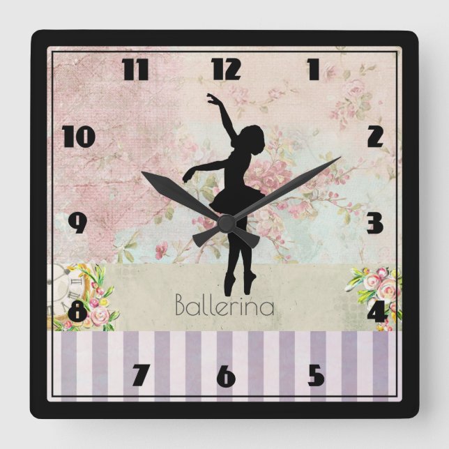 Ballerina Silhouette on Elegant Vintage Pattern Square Wall Clock (Front)