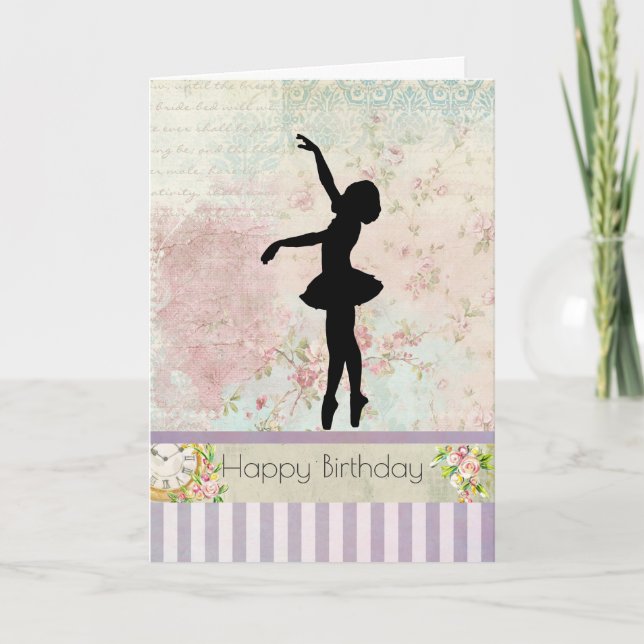 Ballerina Silhouette on Vintage Pattern Birthday Card (Front)