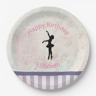 Ballerina Silhouette on Vintage Pattern Birthday Paper Plate