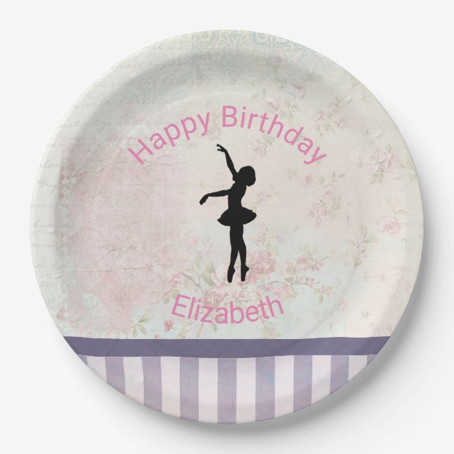 Ballerina Silhouette on Vintage Pattern Birthday Paper Plate (Front)