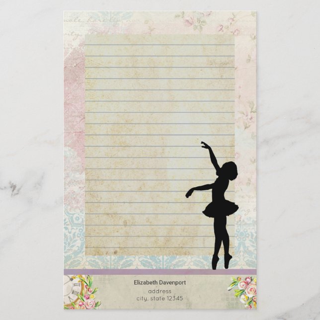 Ballerina Silhouette on Vintage Pattern Lined Stationery (Front)