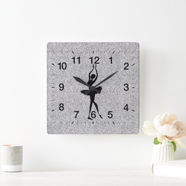 Ballerina Silhouette Silver Glitter Square Wall Clock (Home)