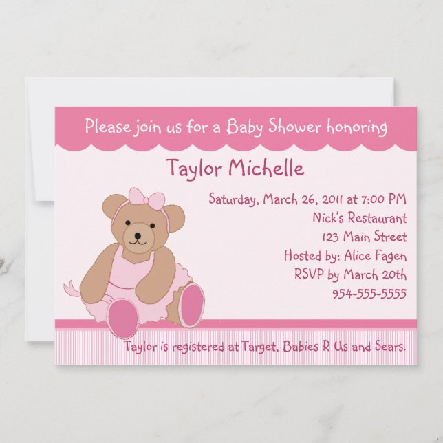 Ballerina Teddy Bear Baby Shower Invitation (Front)