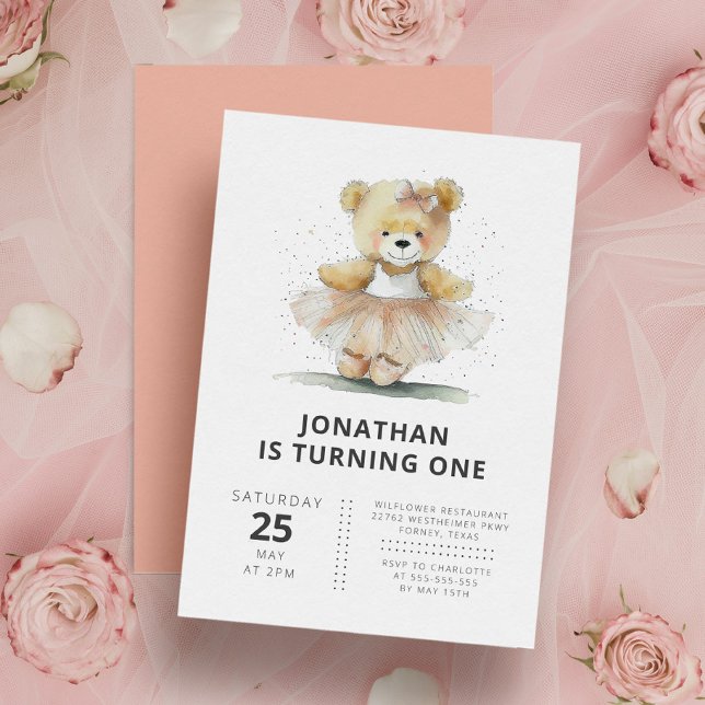 Ballerina Teddy Bear Modern Simple Kids Birthday Invitation (Creator Uploaded)