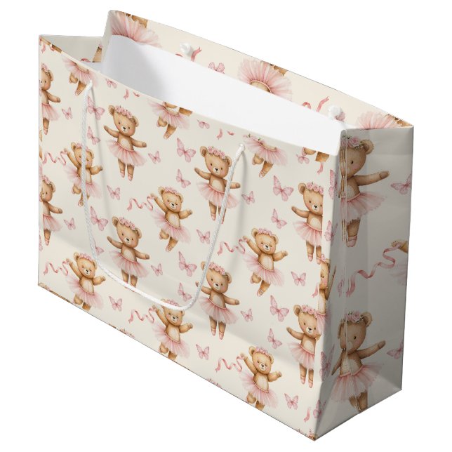 Ballerina Teddy Bears Pink Tutus and Butterflies Large Gift Bag (Front Angled)