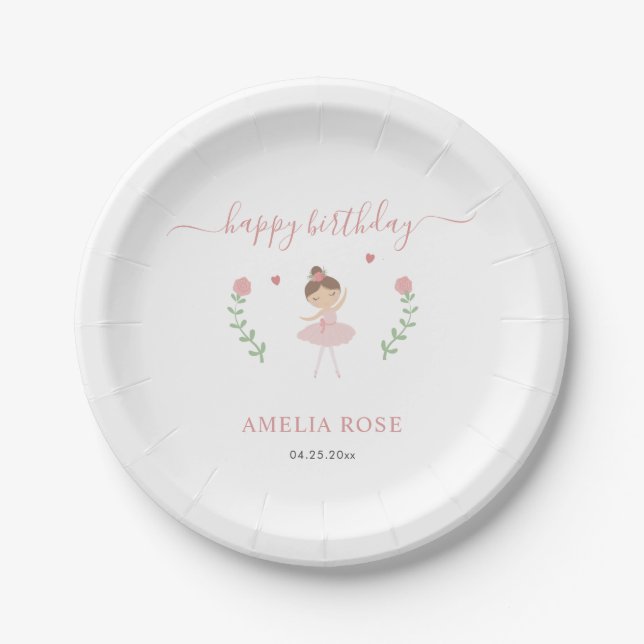 Ballerina Themed Birthday Pink Pastel Cute Paper Plate (Front)