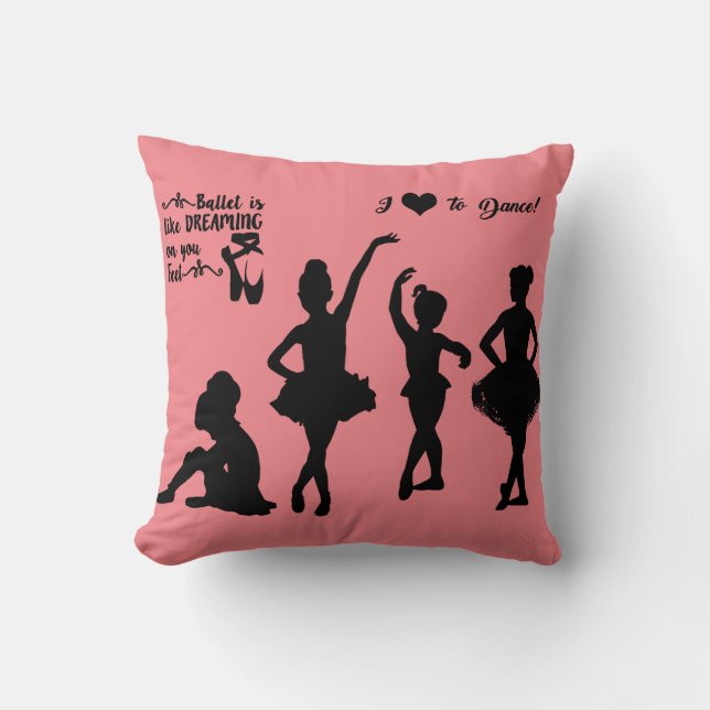 Ballerina throw pillow in pink and black. (Front)