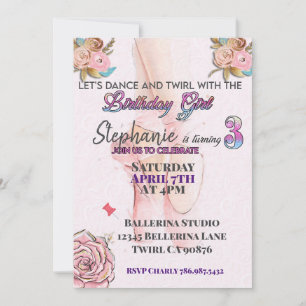 Ballerina turning 3 birthday party invitation