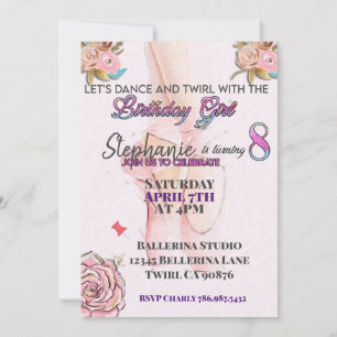 Ballerina turning 8 birthday invitation