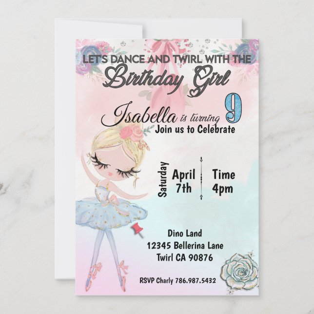 Ballerina turning nine birthday invitation (Front)