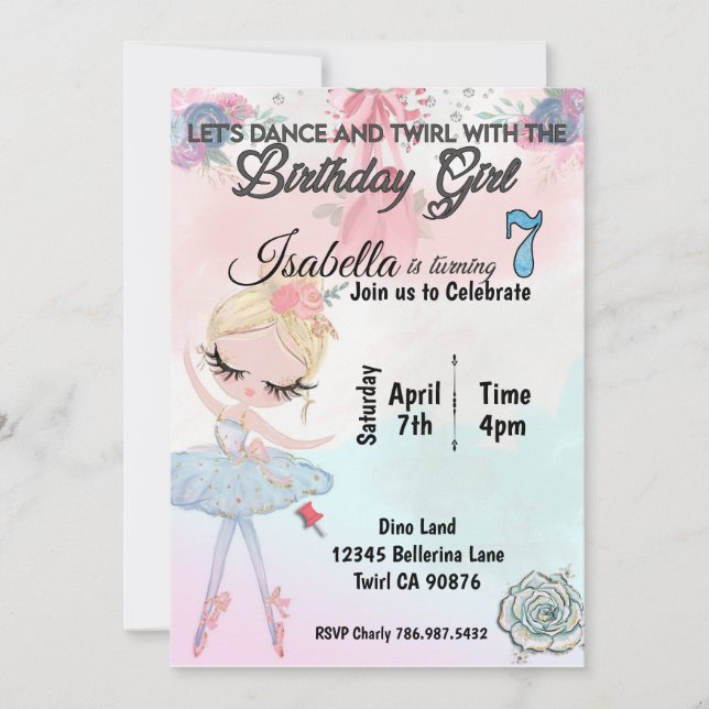 Ballerina turning seven birthday invitation (Front)