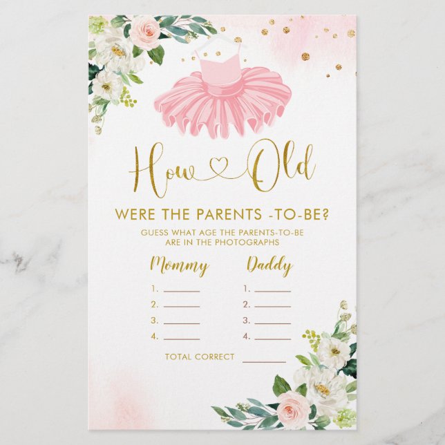 Ballerina Tutu Baby Shower How Old Parents Game (Front)