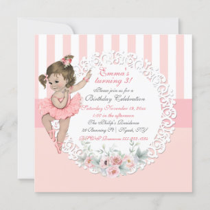 Ballerina Tutu Ballet Pink White Stripes Lace Invitation