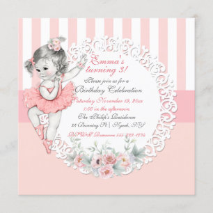 Ballerina Tutu Ballet Pink White Stripes Lace Invitation