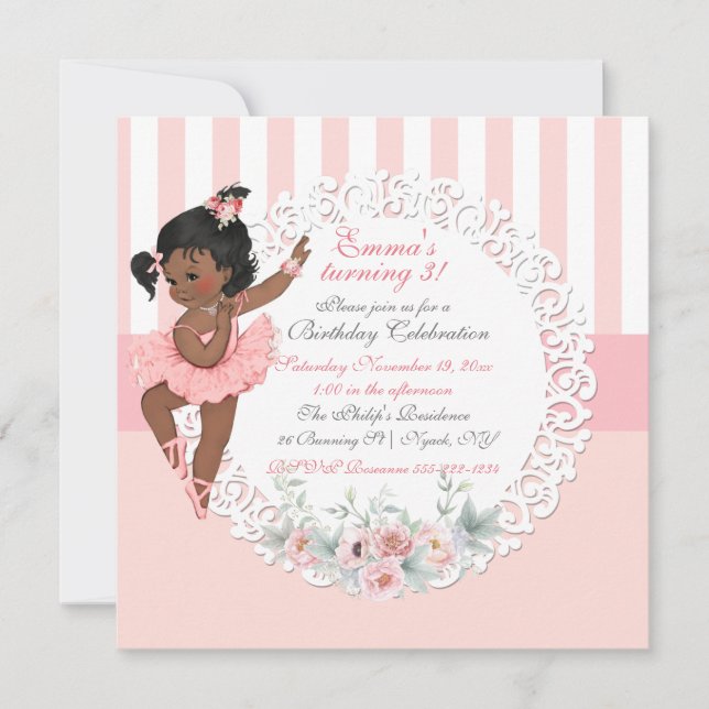 Ballerina Tutu Ballet Pink White Stripes Lace Invitation (Front)