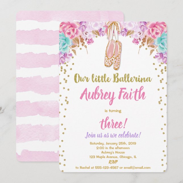 Ballerina tutu birthday invitation pink gold teal (Front/Back)