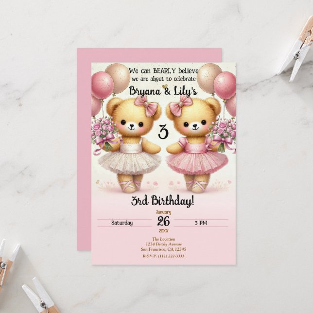 Ballerina Twinkle Toes Twin Bears Birthday Party Invitation (Front/Back In Situ)