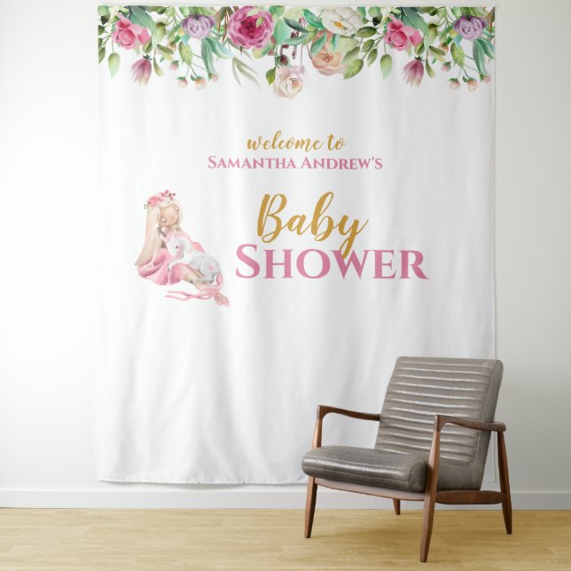 Ballerina & Unicorn Girly Baby Shower Backdrop Tapestry (In Situ)