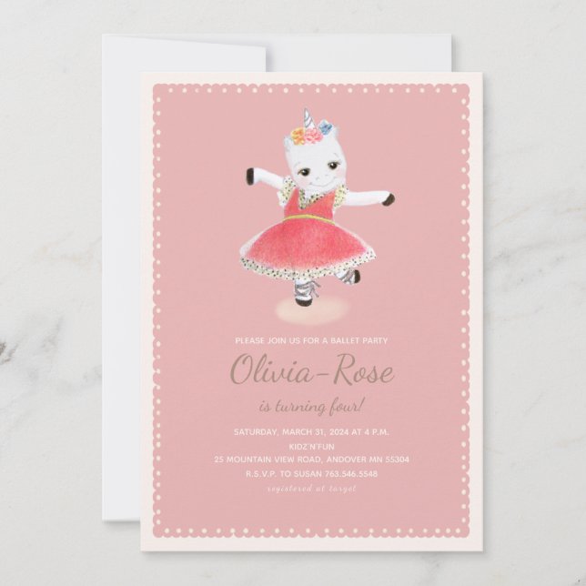 Ballerina Unicorn Pink Girl Birthday Invitation (Front)