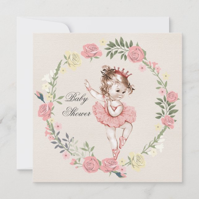 Ballerina Vintage Roses Wreath Baby Shower Invitation (Front)