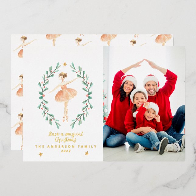 ballerina watercolor botanical 1 photo  foil holiday card (Front/Back)