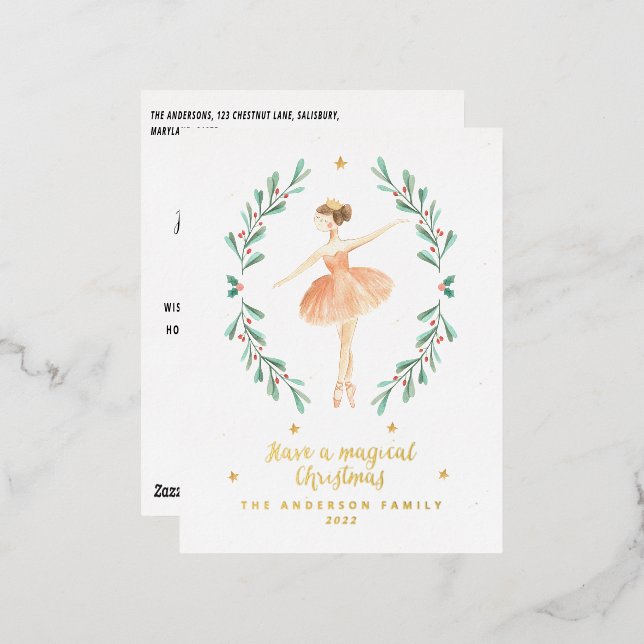 ballerina watercolor botanical cute  foil holiday postcard (Front/Back)