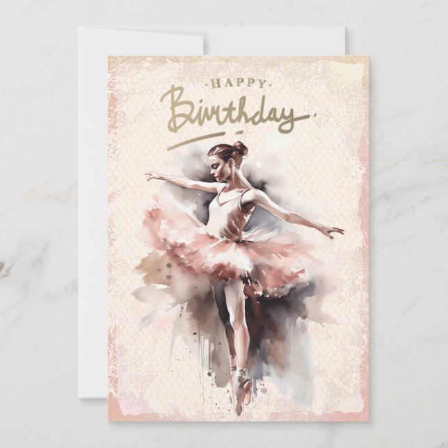 Ballerina Watercolor Happy Birthday Holiday Card (Front)