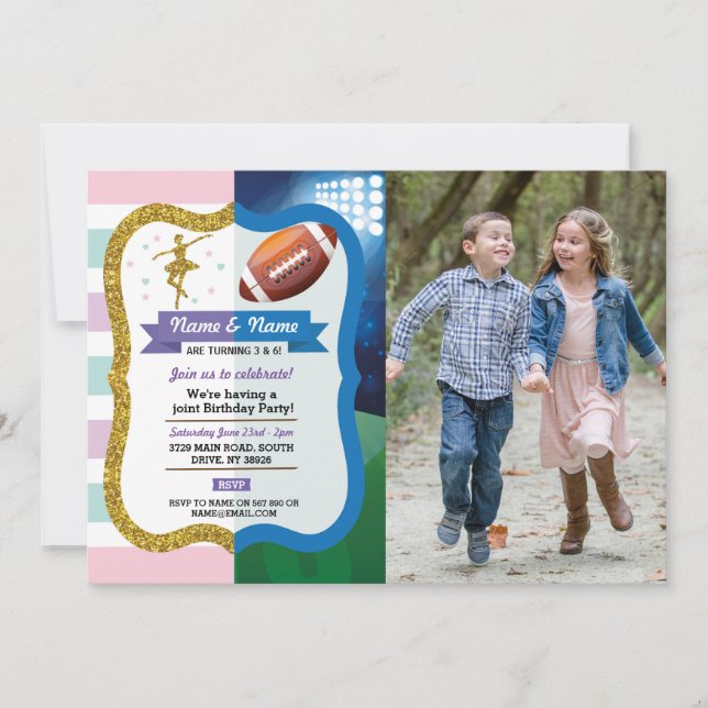 Ballet & American Football Joint Birthday Sports Invitation (Front)